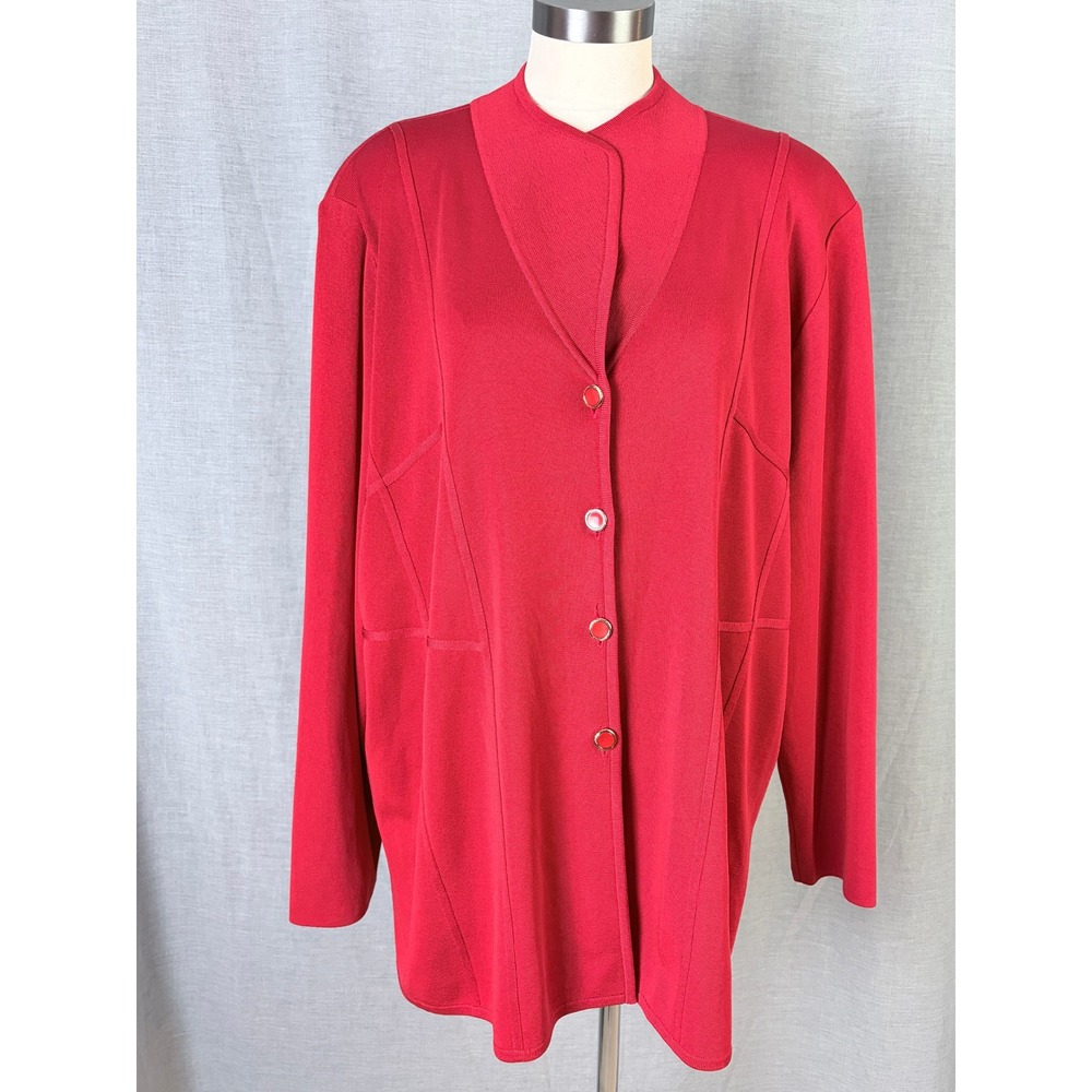 Vintage Misook Red Knit Cardigan Jacket Longline Gold‎ Buttons 3X - Picture 2 of 12